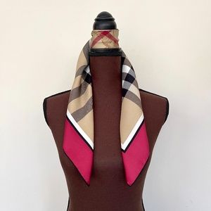 New Burberry Scarf Beige Check Burgundy Red Border Silk Wrap